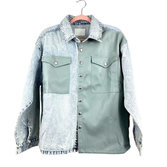 Mixed Media Color Block Jacket Faux Leather Denim Casual Manners Size Medium - Picture 3 of 10